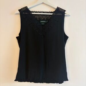 Lauren Jeans Co Ralph Lauren Women's Black Lace Trim Ribbed Tank Top‎ Size L